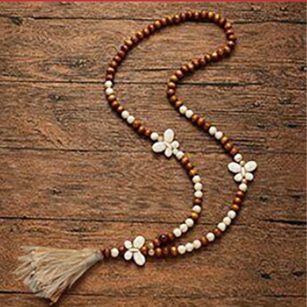 Butterfly Boho Wood Bead long Necklace with Tassel - Handmade - NEW